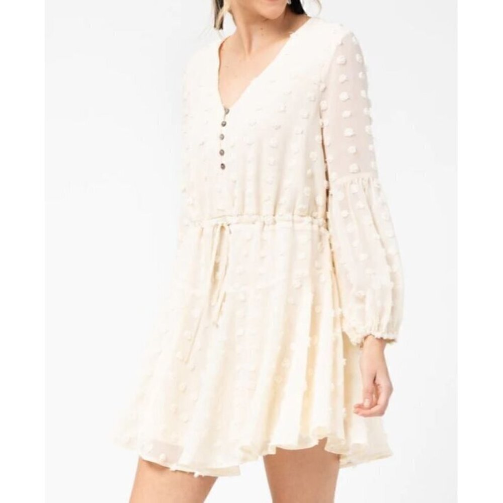 Entro Dress Womens Large Dotted Swiss V Neck Balloon Sleeve Ivory Boho